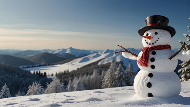 Charming Snowman with Winter Landscape A Picturesque Snowy View