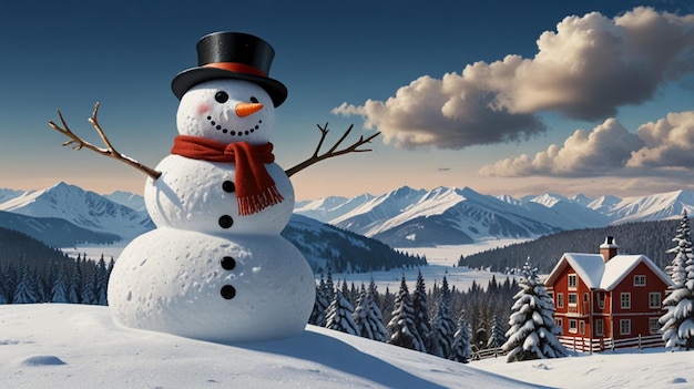 Charming Snowman with Winter Landscape A Picturesque Snowy View