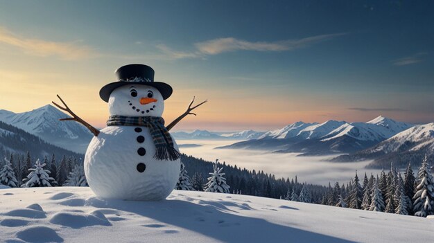 Charming Snowman with Winter Landscape A Picturesque Snowy View