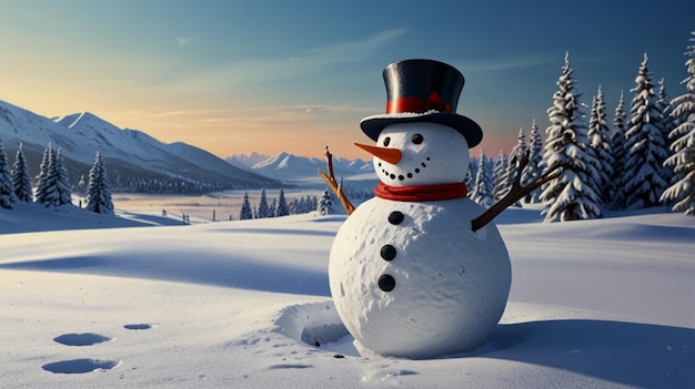 Charming Snowman with Winter Landscape A Picturesque Snowy View