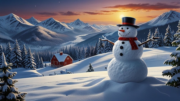 Charming Snowman with Winter Landscape A Picturesque Snowy View