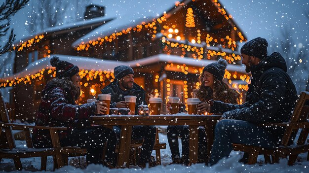 Photo charming snowy christmas night with a cozy beautifully lit house where families and friends gather