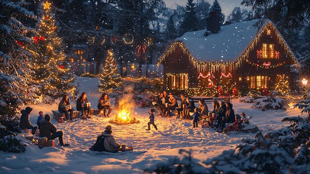 Photo charming snowy christmas night with a cozy beautifully lit house where families and friends gather