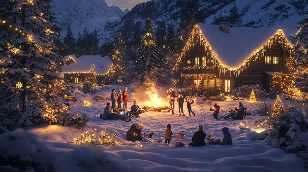 Photo charming snowy christmas night with a cozy beautifully lit house where families and friends gather