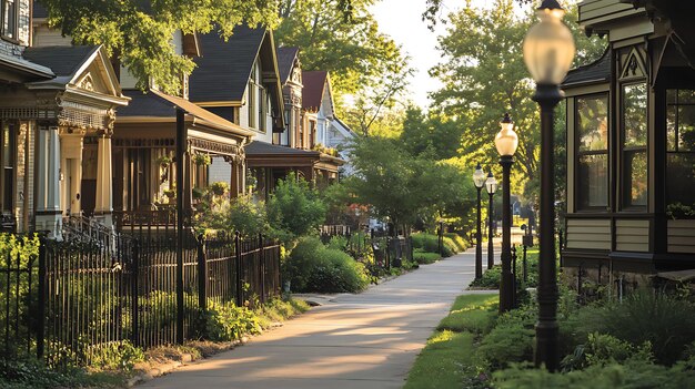 Photo charming street lined with victorian architecture and lush greenery