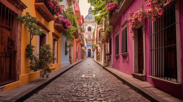 charming street with colorful buildings made of cobblestone