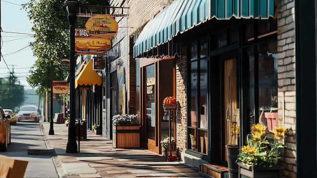 Photo charming streetscape featuring shops and cafes with vibrant signage