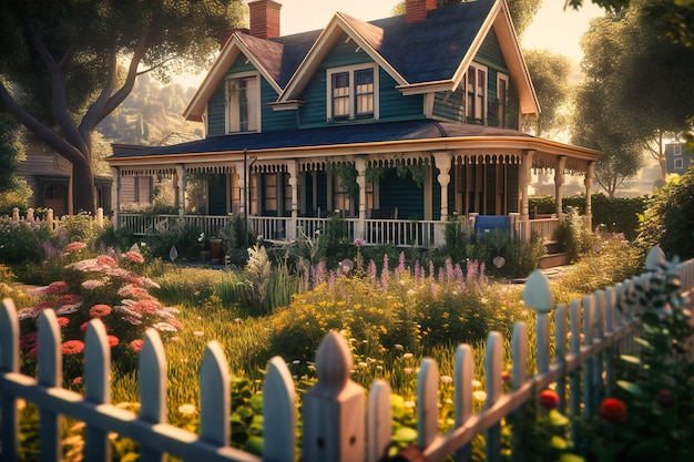 A charming summer cottage surrounded by a white picket fence blooming flowers and the scent of freshly cut grass