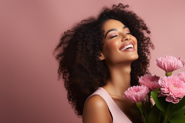 Charming tanned curly brunette laughingly enjoying pink gerbera flowers on a pastel pink background