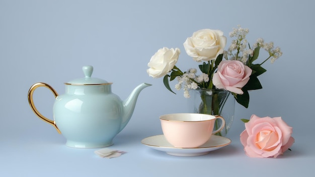 A charming tea set with a light blue teapot a pink teacup and a white saucer arranged on a t