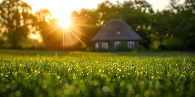 Charming Thatched Cottage in a Green Field Radiates Coziness and Warmth Concept Cottagecore Aesthetic Rural Escape Rustic Charm Countryside Living Natural Retreat