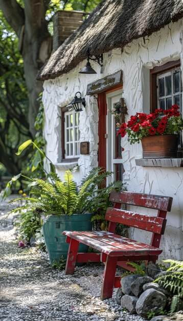 Charming Thatched Cottage with Red Bench