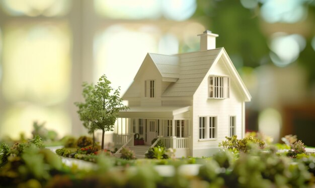 A charming traditional white house model depicted in a miniature scale complete with detailed landsc