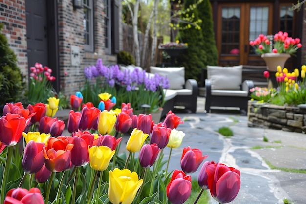 Charming tulip arrangements adding beauty to a tranquil home garden Floral elegance for relaxation