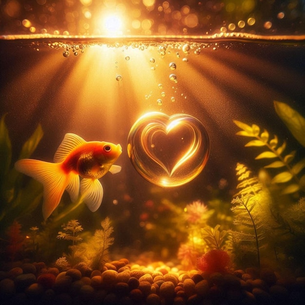 A charming underwater moment captured in a goldfish tank