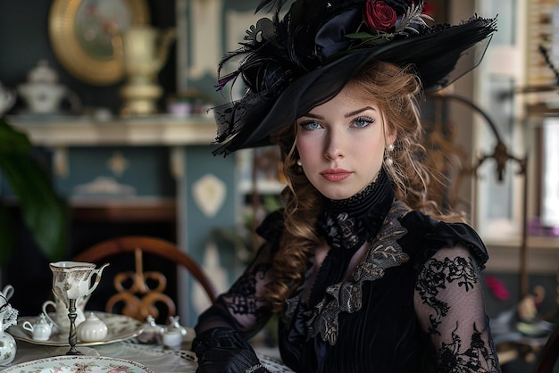 Charming Victorian woman in highcollar dress at tea party