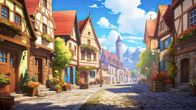 A charming village adorned with cobblestone streets Picturesque streetscape historic allure oldworld ambiance Generated by AI