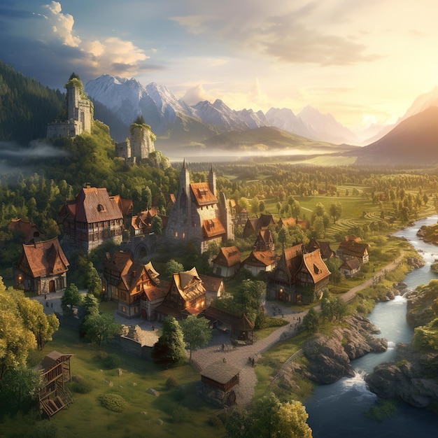 A charming village nestled in a valley illustration