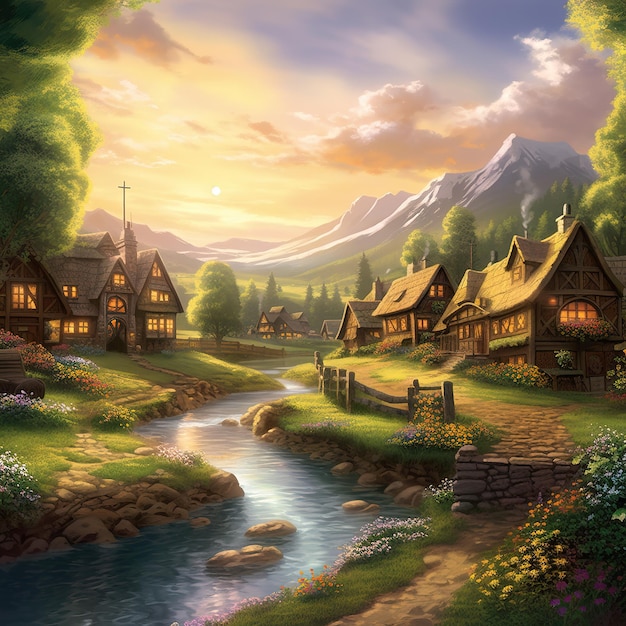 A charming village nestled in a valley illustration