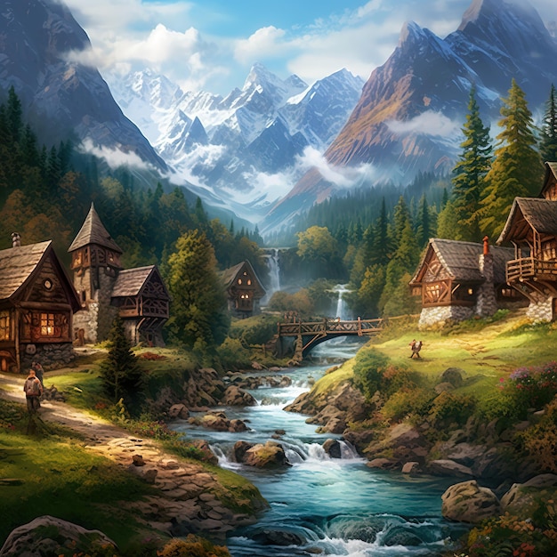 A charming village nestled in a valley illustration