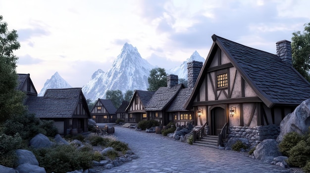 Charming village scene with rustic houses and majestic mountains perfect for