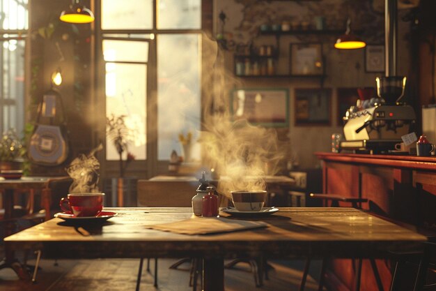 Charming vintage cafe with steaming cups of coffee