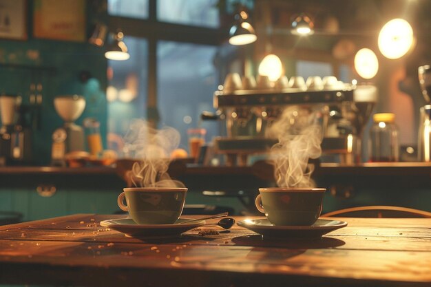 Charming vintage cafe with steaming cups of coffee