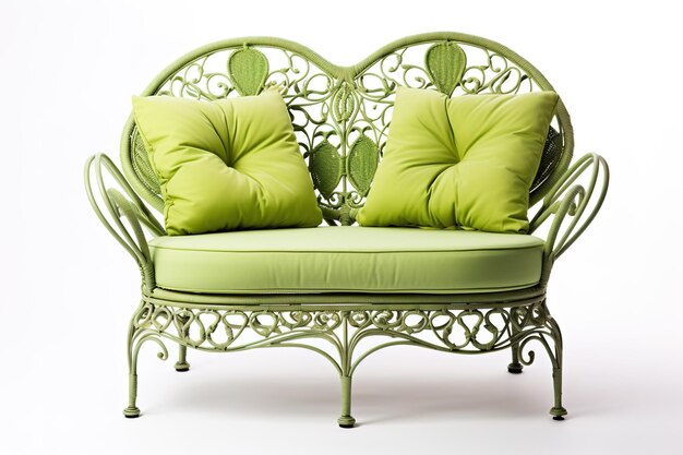 Photo charming vintage green settee with plush cushions set in a cozy garden retreat on white or png transparent background