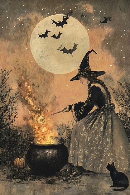 Photo charming vintage halloween postcard with witch and cat