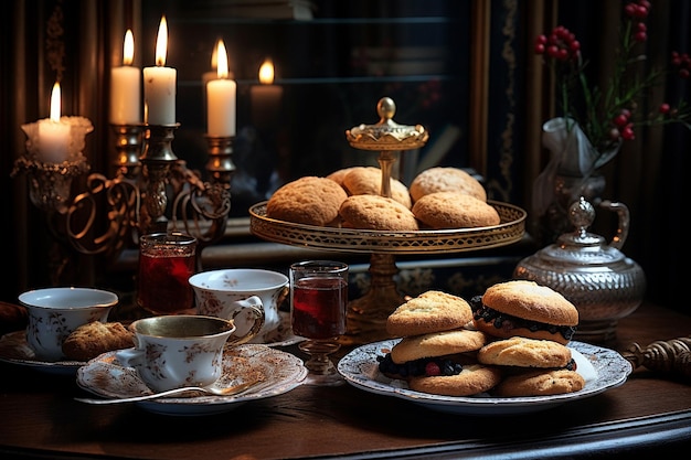 Charming vintage tea party with an assortment of cakes and pastries