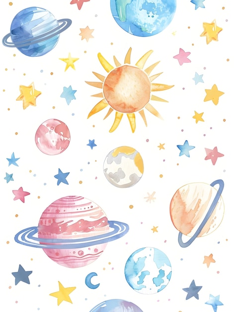 Charming Watercolor of Cartoon Like Solar System for Nursery and Baby Shower Decor