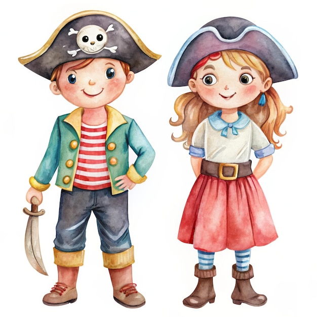 Photo a charming watercolor illustration of a boy and girl dressed as pirates symbolizing adventure