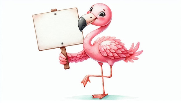 Photo a charming watercolor illustration of a cheerful flamingo holding a blank sign with one leg ben