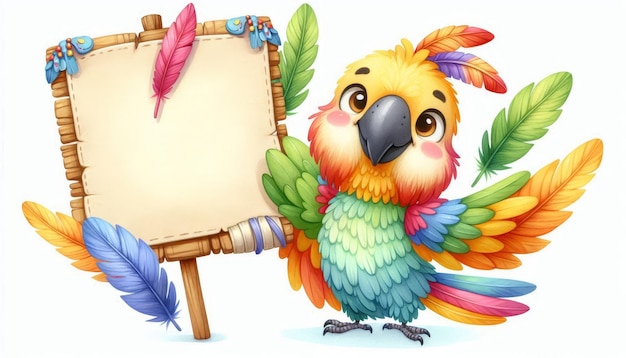 Photo a charming watercolor illustration of a cheerful parrot holding a blank sign the parrot has vi