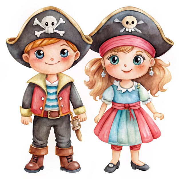 A charming watercolor illustration of a cute boy and girl dressed in pirate costumes The boy i