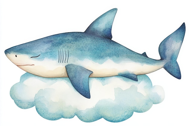 Photo a charming watercolor illustration of a cute little shark sleeping peacefully on a fluffy clou