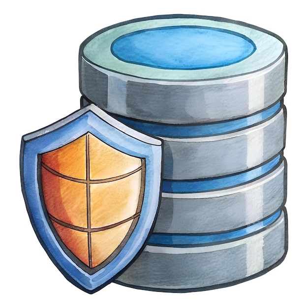 A charming watercolor illustration of a database server icon protected by a shield symbolizing data security and safety