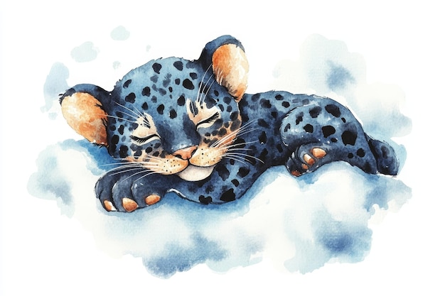 Photo a charming watercolor illustration depicting a cute little panther cub sound asleep on a fluffy