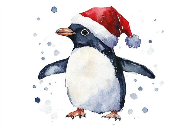 A charming watercolor illustration of a penguin wearing a Santa hat symbolizing Christmas win