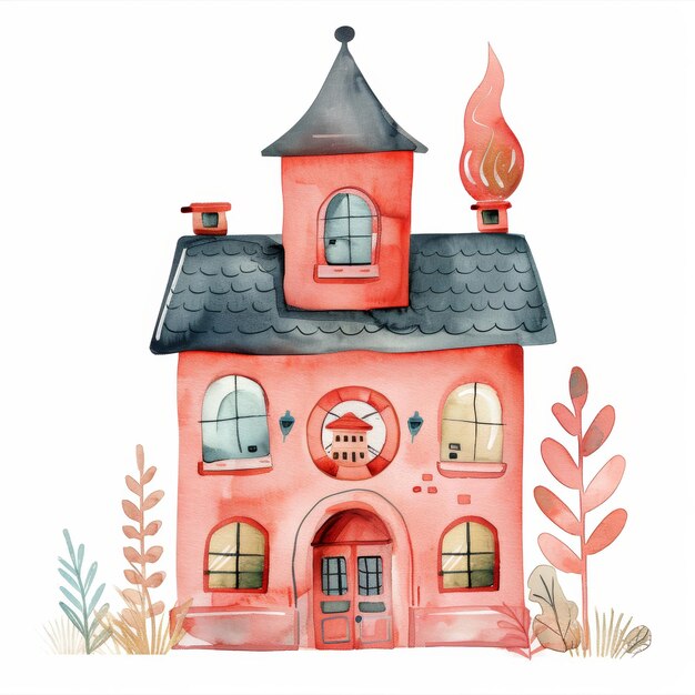 Photo charming watercolor illustration of a whimsical red house with decorative plants