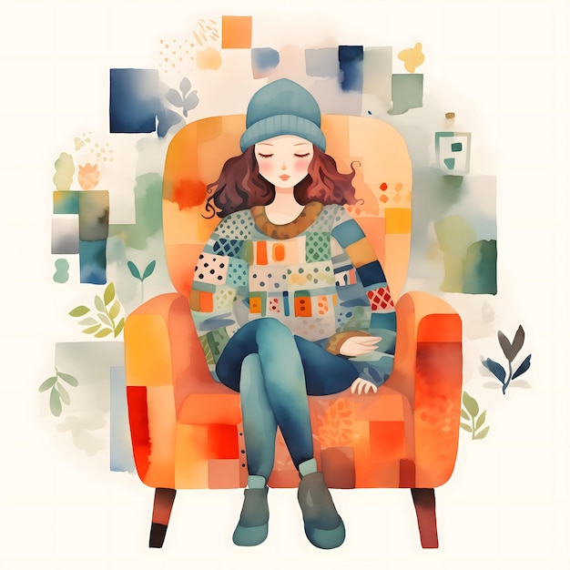 Charming Watercolor Illustration Woman in Patchwork Chair