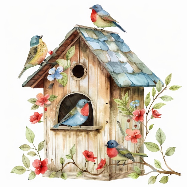 Photo a charming watercolor illustration of a wooden birdhouse with four colorful birds perched on and around it