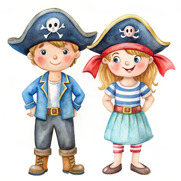 A charming watercolor illustration of a young boy and girl dressed as pirates The boy wears a