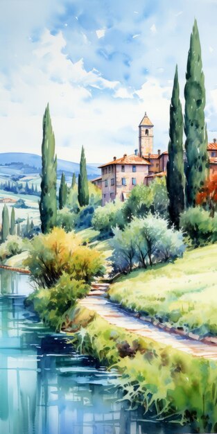 Charming Watercolor Painting Of Vineyards And Houses By A River