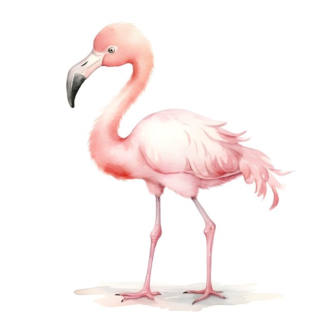 Photo charming watercolor of a vibrant pink baby flamingo standing on one leg against a white background