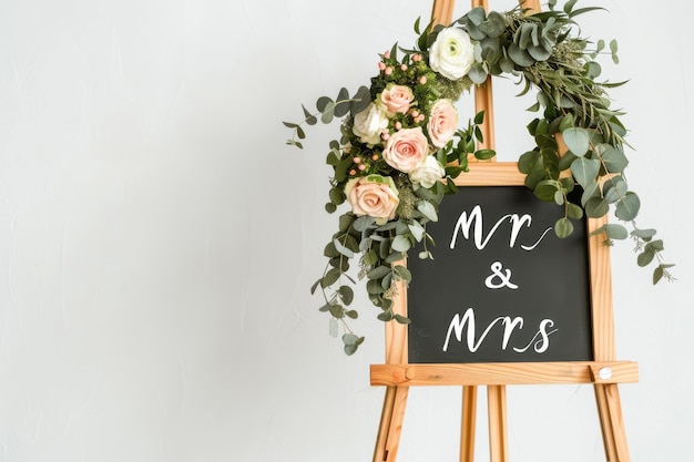 Photo charming wedding decoration featuring a floraladorned sign announcing mr and mrs set against a soft elegant backdrop