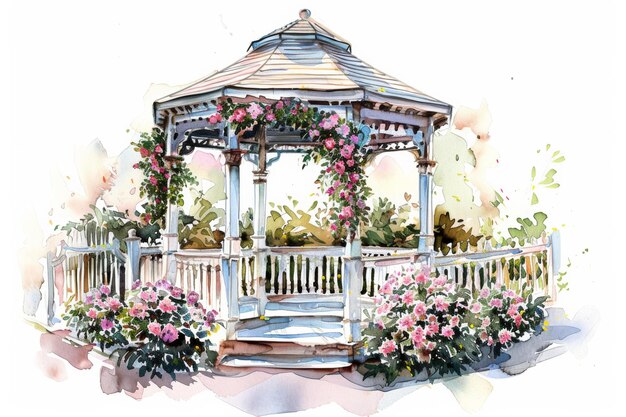 Photo charming wedding gazebo decorated with flowers romantic ink watercolor illustration on white