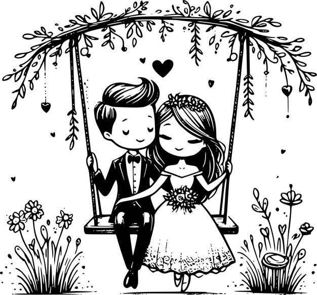 Photo charming wedding and love cartoon illustrations featuring romantic moments and just married couples