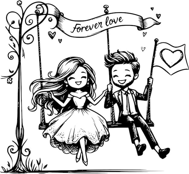 Photo charming wedding and love cartoon illustrations featuring romantic moments and just married couples