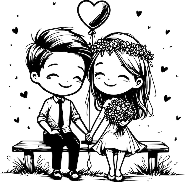 Photo charming wedding and love cartoon illustrations featuring romantic moments and just married couples